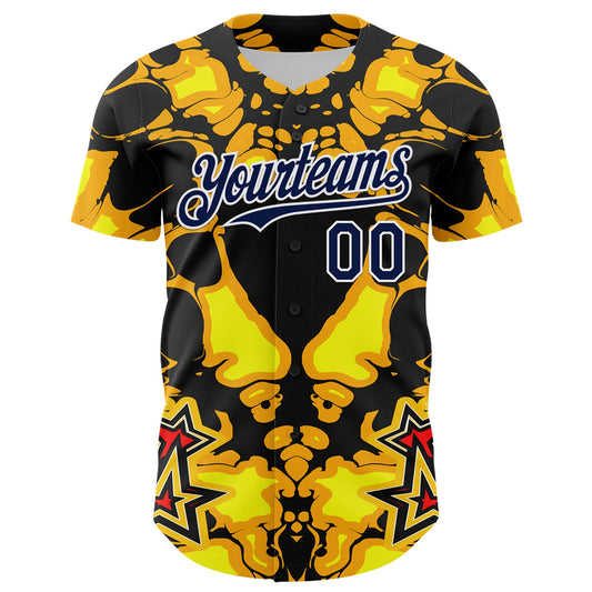 Custom Black Navy Yellow-White 3D Pattern Design Burner Costumes Flame Authentic Baseball Jersey - Sky-Custom