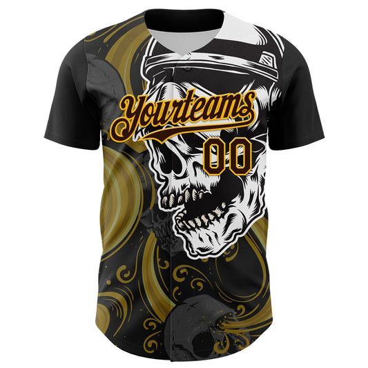 Custom Black Brown Yellow-White 3D Pattern Design Burner Costumes Skull Authentic Baseball Jersey - Sky-Custom