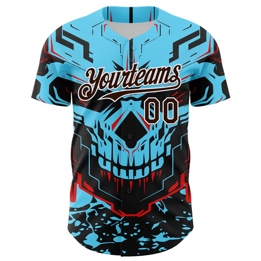 Custom Blue Brown-White 3D Pattern Design Burner Costumes Cyber Skull Authentic Baseball Jersey - Sky-Custom