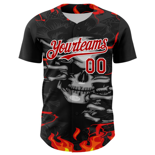 Custom Black Red-White 3D Pattern Design Burner Costumes Hellfire Skull Authentic Baseball Jersey - Sky-Custom
