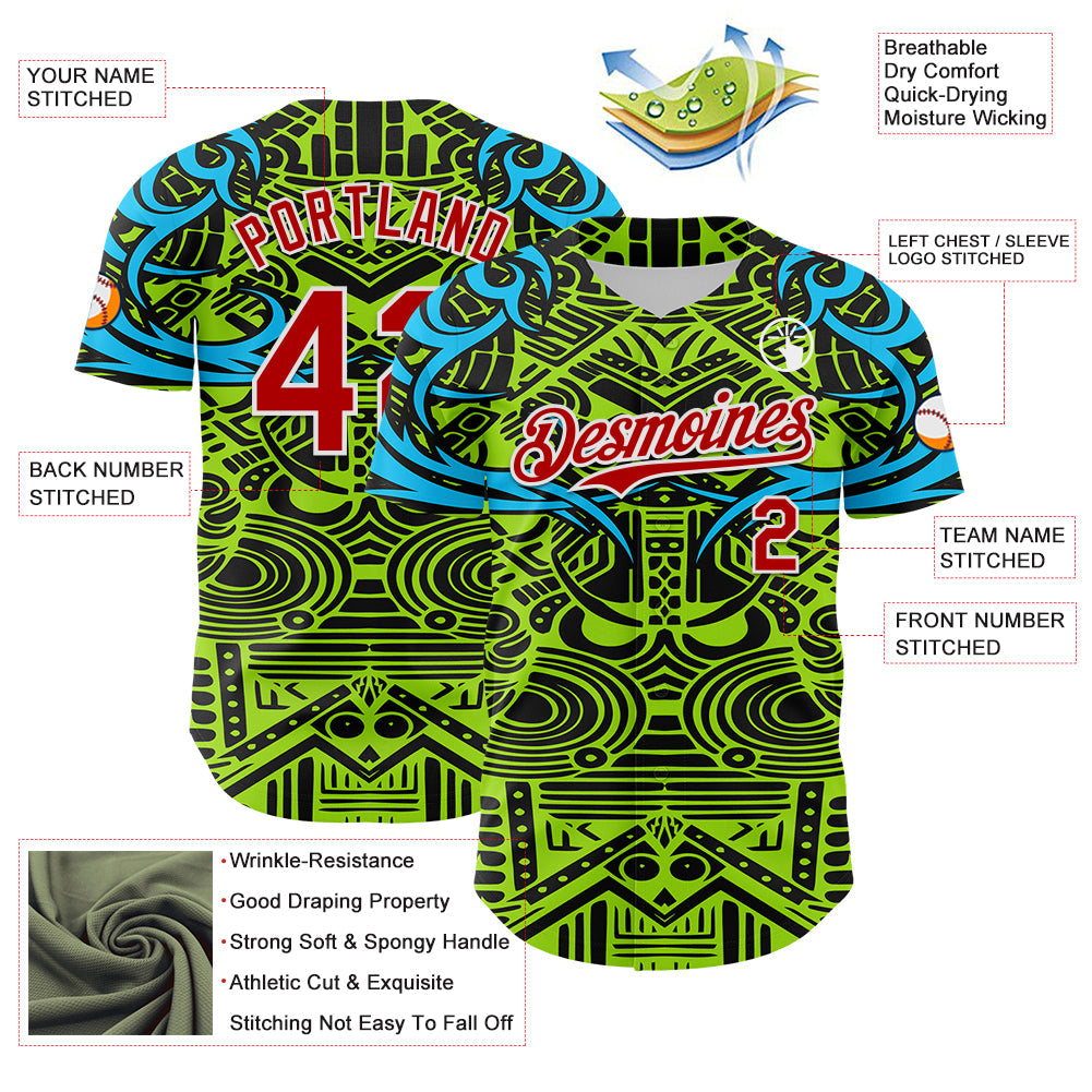 Custom Green Red Blue Black-White 3D Pattern Design Burner Costumes Tribal Authentic Baseball Jersey - Sky-Custom