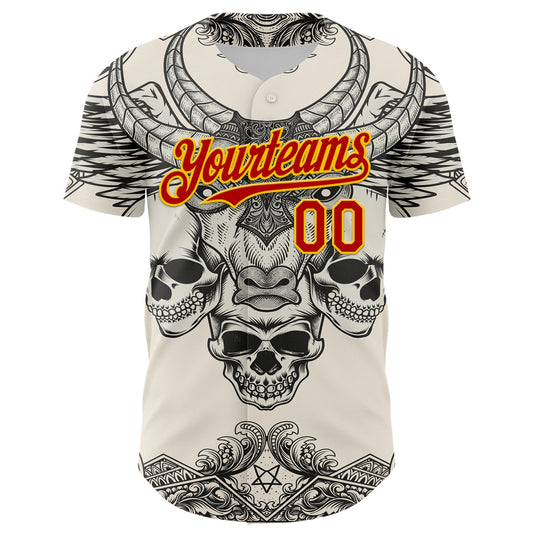 Custom Cream Red-Yellow 3D Pattern Design Burner Costumes Hell Skull Authentic Baseball Jersey - Sky-Custom