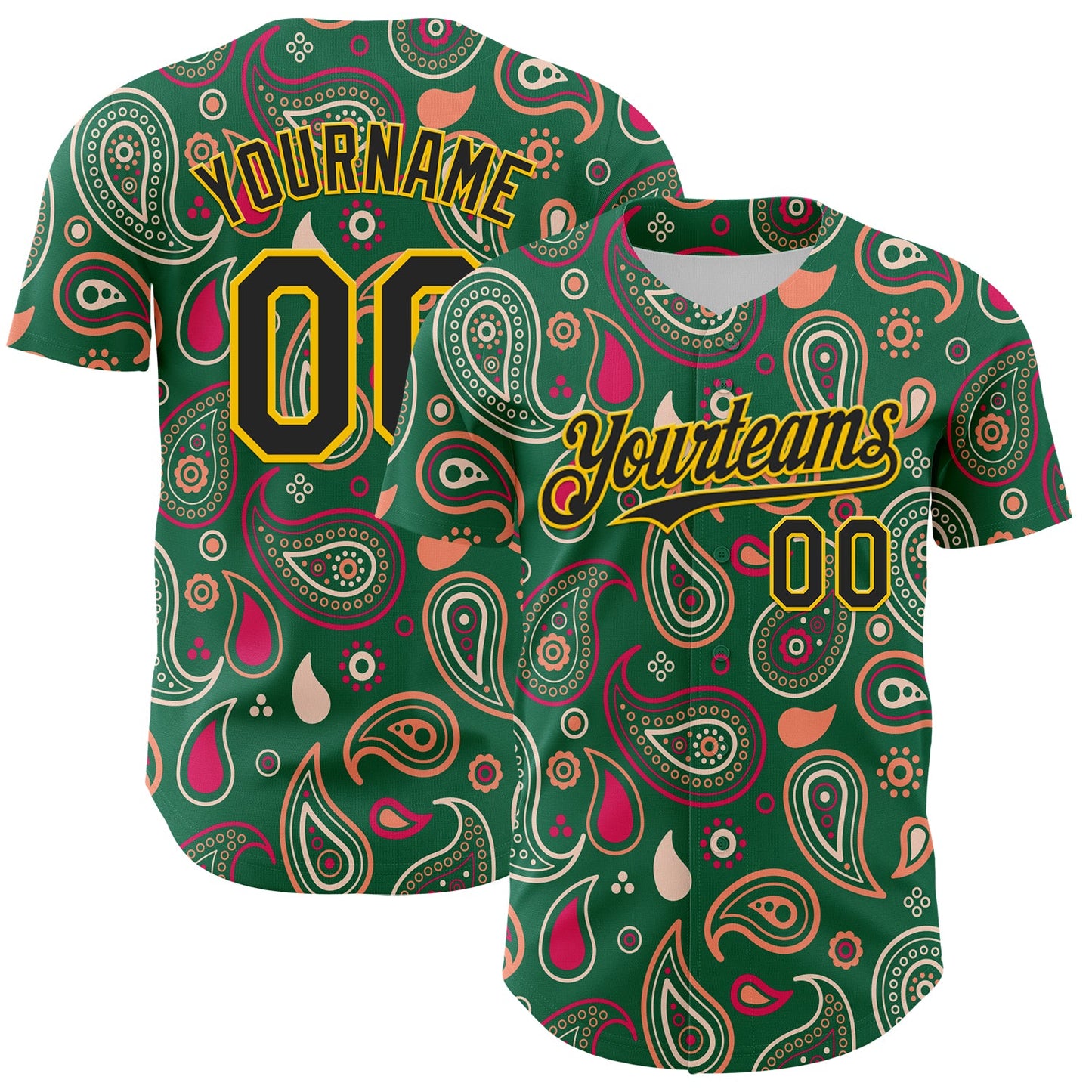 Custom Kelly Green Black-Yellow 3D Pattern Design Burner Costumes Paisley Bandana Authentic Baseball Jersey - Sky-Custom