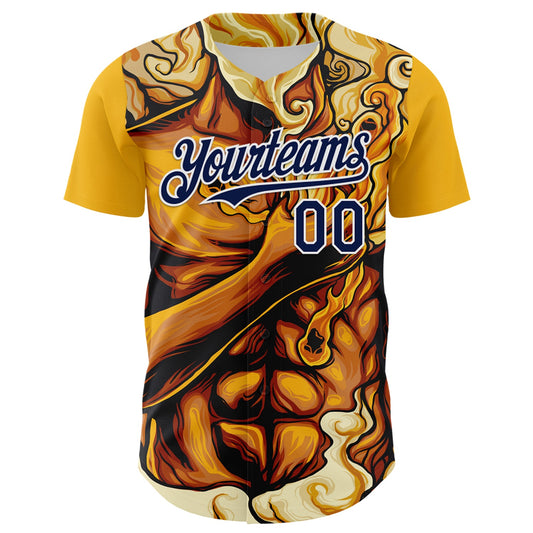Custom Gold Navy-White 3D Pattern Design Burner Costumes Flame Authentic Baseball Jersey - Sky-Custom