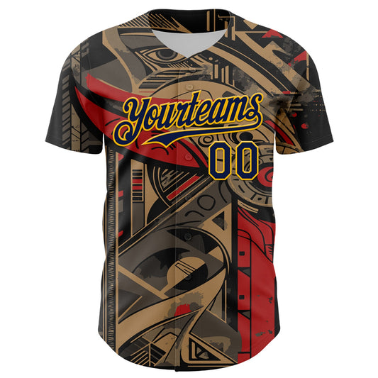 Custom Black Navy-Yellow 3D Pattern Design Burner Costumes Abstract Shape Authentic Baseball Jersey - Sky-Custom