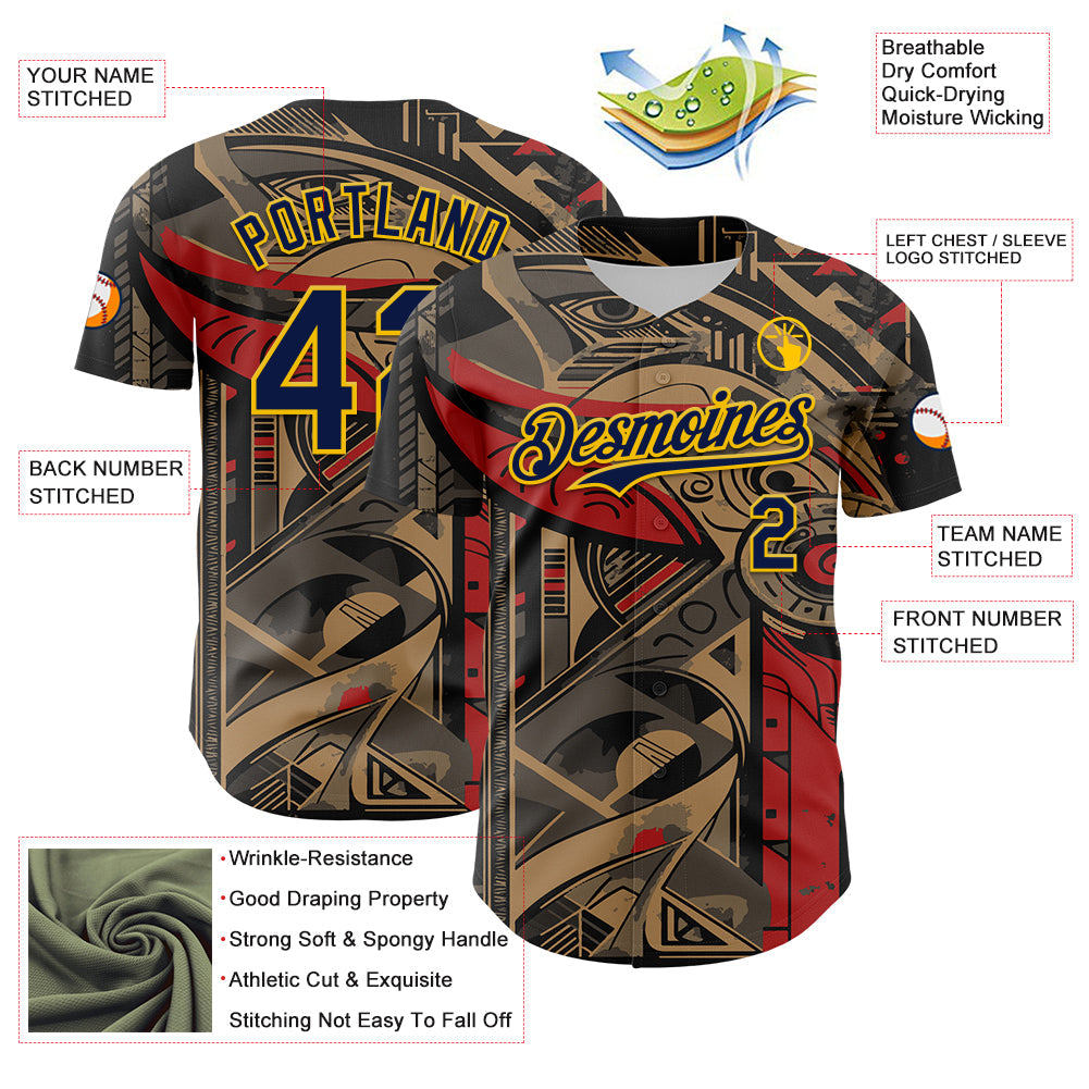 Custom Black Navy-Yellow 3D Pattern Design Burner Costumes Abstract Shape Authentic Baseball Jersey - Sky-Custom