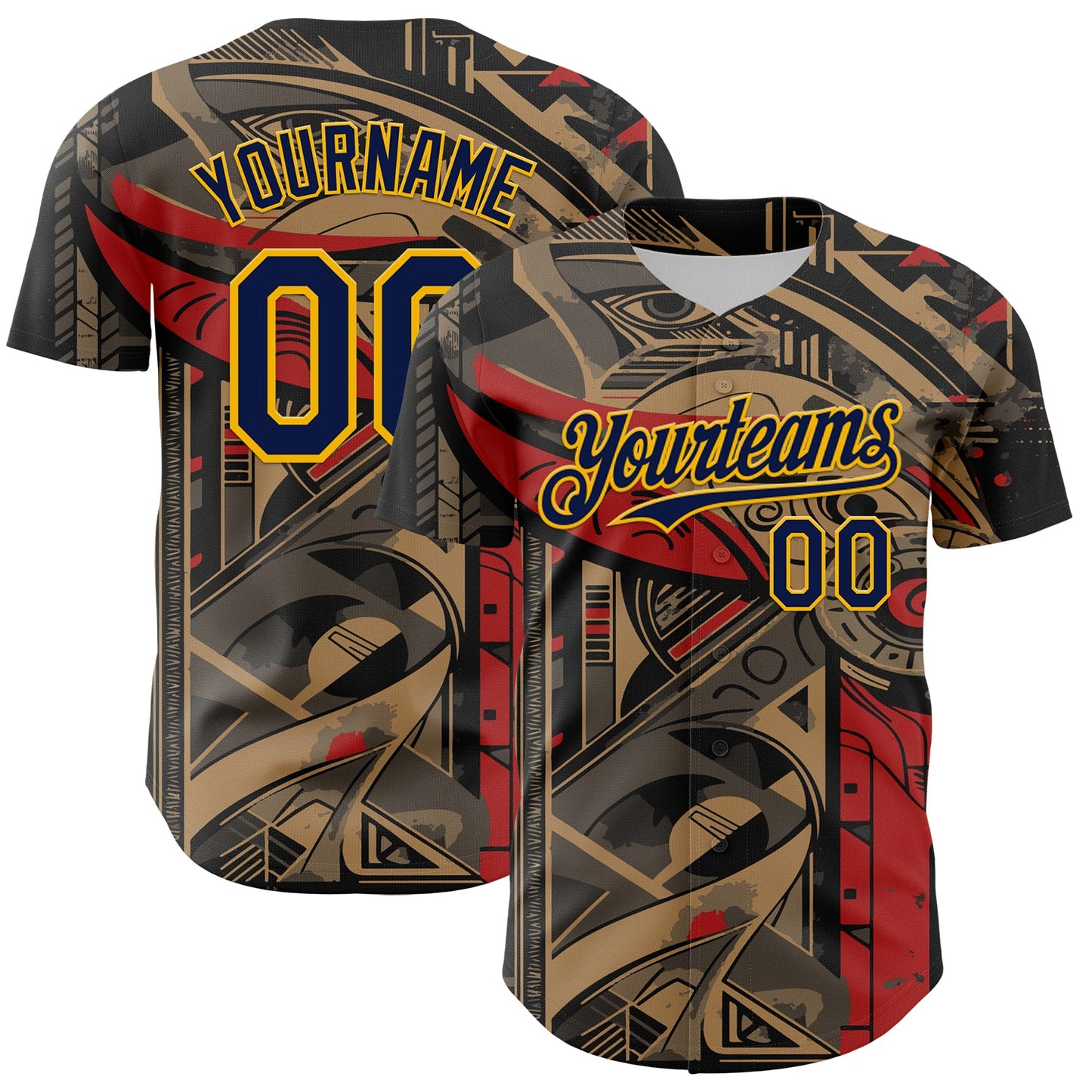 Custom Black Navy-Yellow 3D Pattern Design Burner Costumes Abstract Shape Authentic Baseball Jersey - Sky-Custom