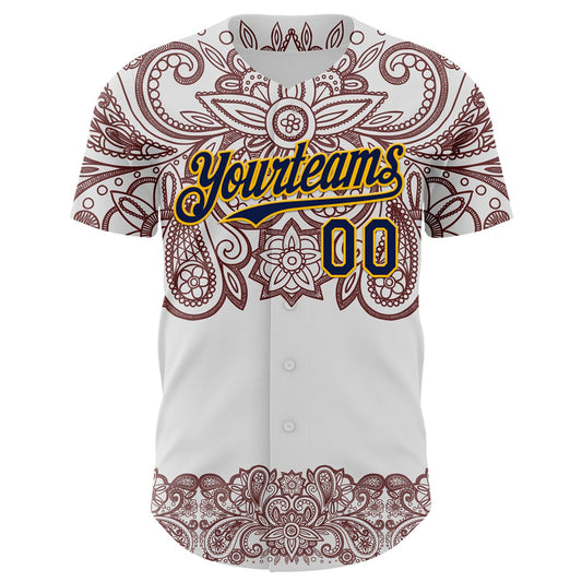 Custom White Navy Red-Yellow 3D Pattern Design Burner Costumes Paisley Bandana Authentic Baseball Jersey - Sky-Custom