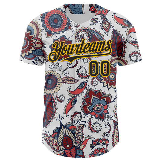 Custom White Black-Yellow 3D Pattern Design Burner Costumes Paisley Bandana Authentic Baseball Jersey - Sky-Custom