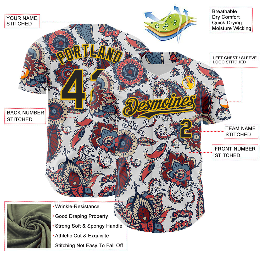 Custom White Black-Yellow 3D Pattern Design Burner Costumes Paisley Bandana Authentic Baseball Jersey - Sky-Custom