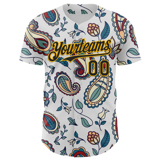 Custom White Black-Yellow 3D Pattern Design Burner Costumes Paisley Bandana Authentic Baseball Jersey - Sky-Custom