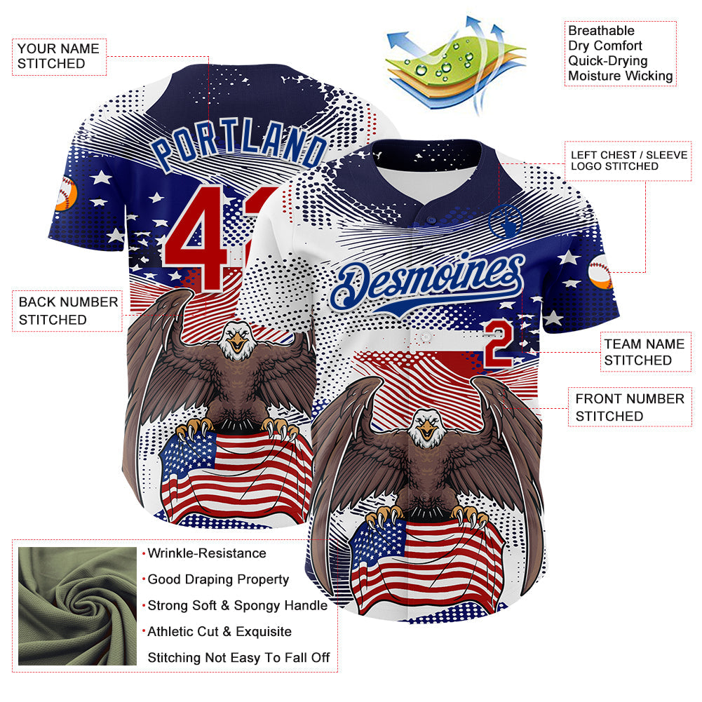 Custom White Red-Royal 3D American Flag National Symbols Bald Eagle Authentic Baseball Jersey - Sky-Custom