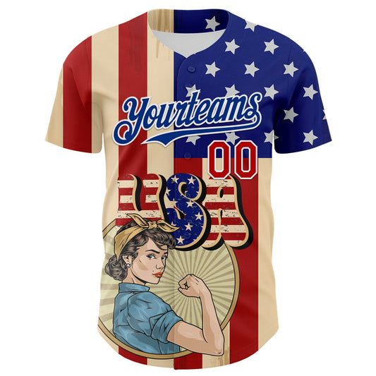 Custom Cream Red Royal-White 3D Retro American Flag Authentic Baseball Jersey - Sky-Custom