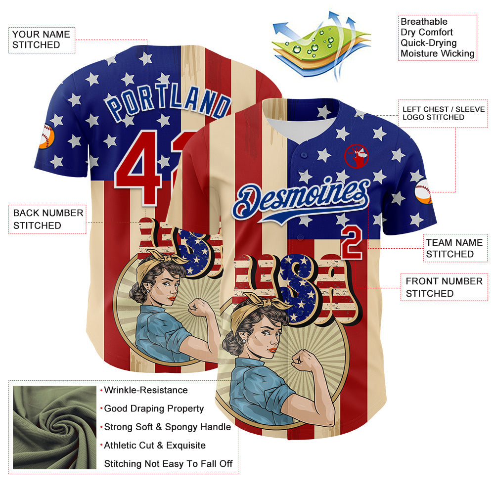 Custom Cream Red Royal-White 3D Retro American Flag Authentic Baseball Jersey - Sky-Custom