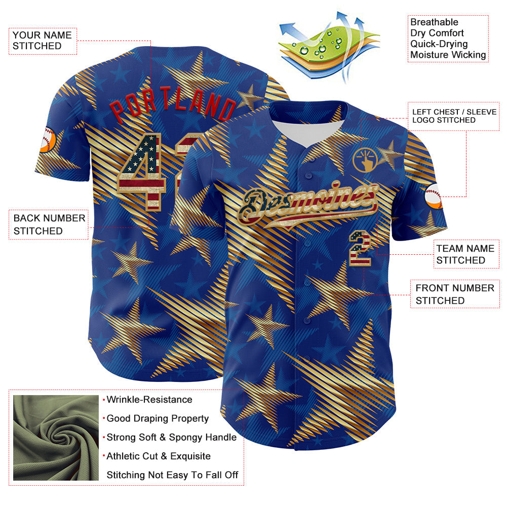 Custom Royal Vintage USA Flag Old Gold-Red 3D American Flag America-Inspired Stars Authentic Baseball Jersey - Sky-Custom