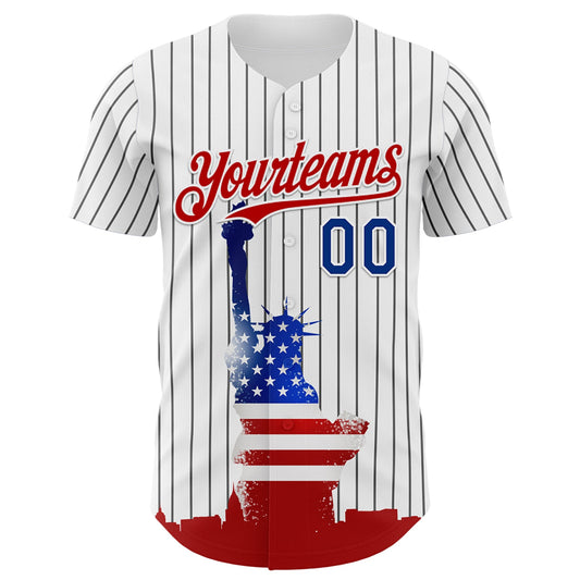 Custom White Black Pinstripe Royal-Red 3D American Flag Statue Of Liberty Authentic Baseball Jersey - Sky-Custom