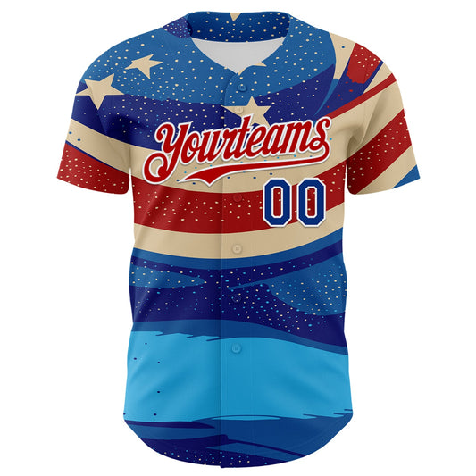 Custom Blue Royal Red-White 3D Retro American Flag Authentic Baseball Jersey - Sky-Custom