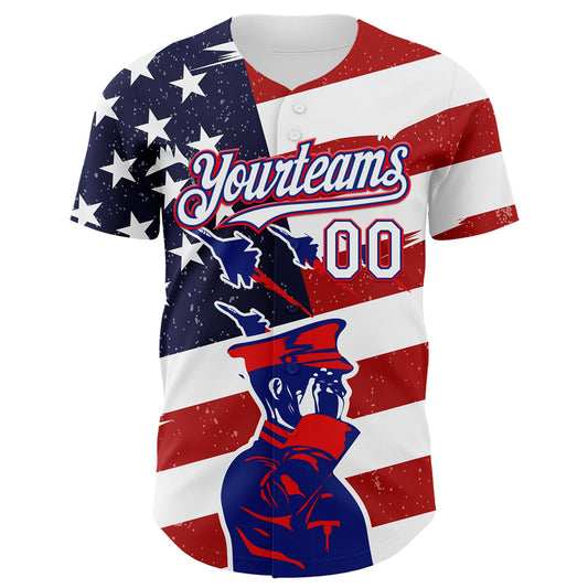 Custom White Royal-Fire Red 3D Retro American Flag Salute Authentic Baseball Jersey - Sky-Custom