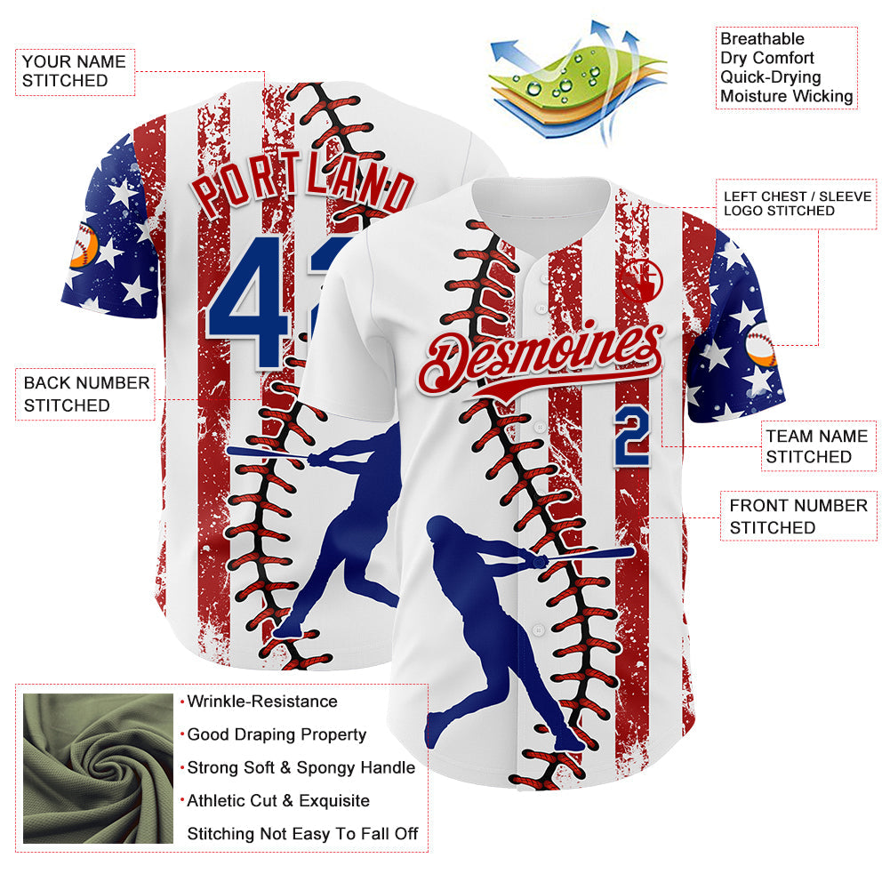 Custom White Royal-Red 3D American Flag Authentic Baseball Jersey - Sky-Custom