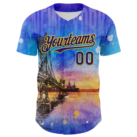 Custom Blue Dark Purple-Gold 3D Pattern Design Manhattan Bridge New York Sunset Authentic Baseball Jersey - Sky-Custom