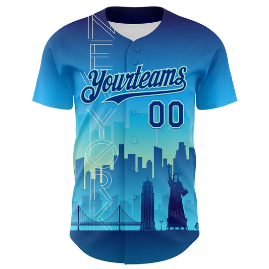 Custom Blue Royal-Ice Blue 3D Pattern Design New York Cityscape Statue Of Liberty Authentic Baseball Jersey - Sky-Custom