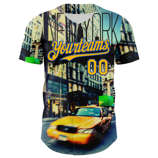 Custom Green Gold-Thunder Blue 3D Pattern Design New York Cityscape Statue Of Liberty Authentic Baseball Jersey - Sky-Custom
