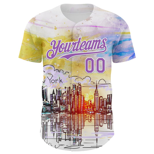 Custom White Medium Purple 3D Pattern Design New York Cityscape Sunrise Authentic Baseball Jersey - Sky-Custom