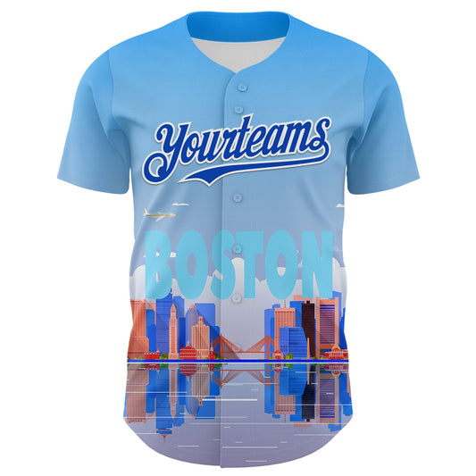 Custom Blue Thunder Blue-White 3D Pattern Design Boston Cityscape Skyline Authentic Baseball Jersey - Sky-Custom