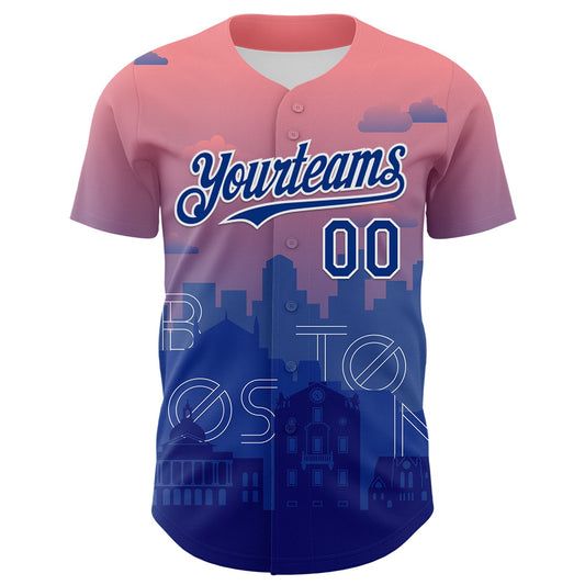 Custom Pink Royal Blue-White 3D Pattern Design Boston Cityscape Sunset Authentic Baseball Jersey - Sky-Custom