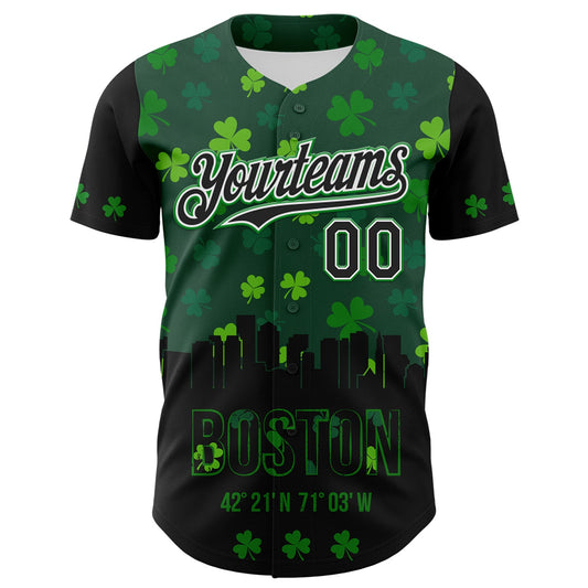 Custom Black White-Grass Green 3D Pattern Design Boston Cityscape Shamrock Authentic St. Patrick's Day Baseball Jersey - Sky-Custom