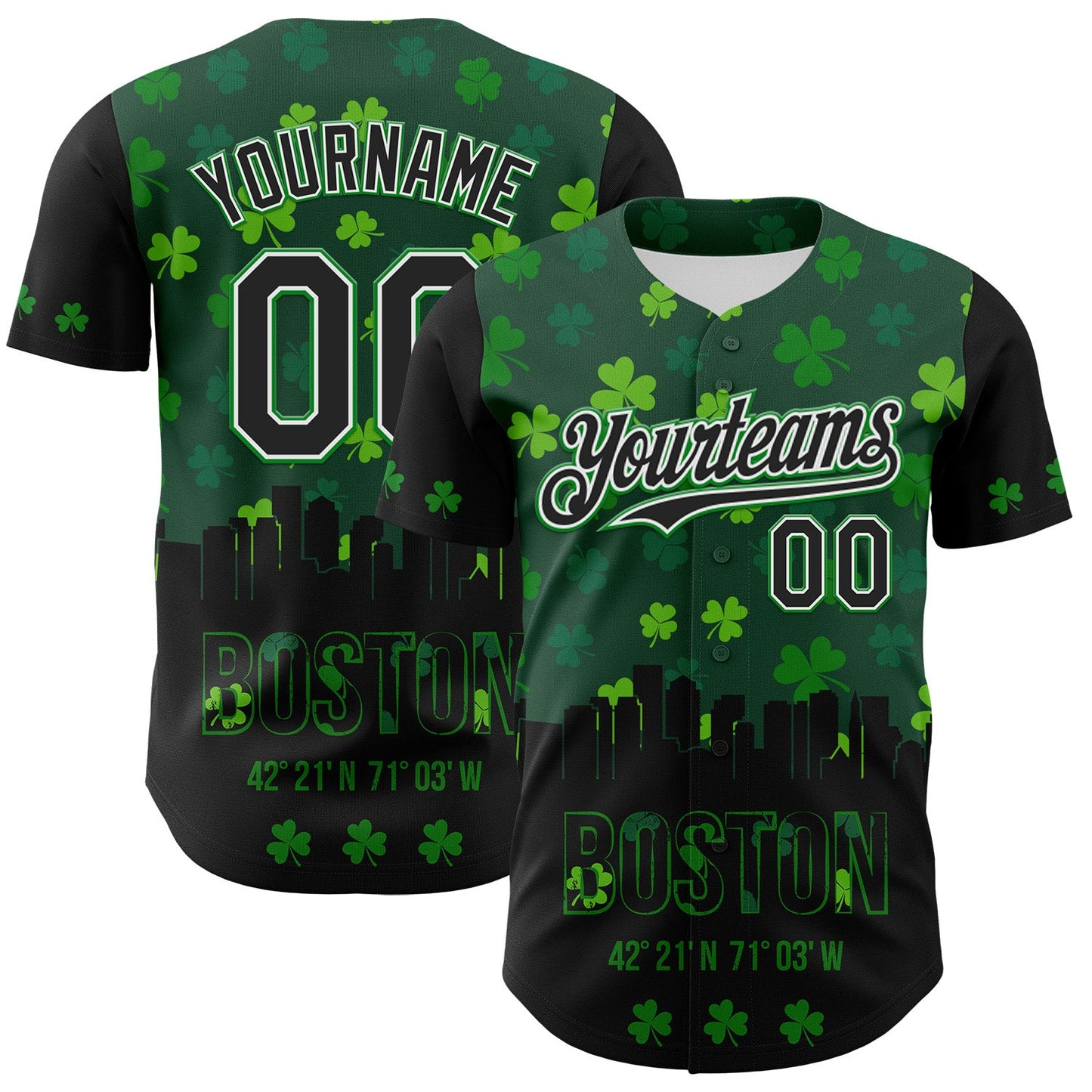 Custom Black White-Grass Green 3D Pattern Design Boston Cityscape Shamrock Authentic St. Patrick's Day Baseball Jersey - Sky-Custom