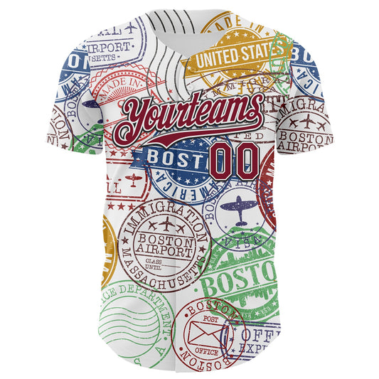 Custom White Crimson-Black 3D Pattern Design Boston Cityscape Stamp Authentic Baseball Jersey - Sky-Custom