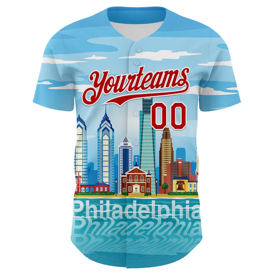 Custom Blue Red-White 3D Pattern Design Philadelphia Cityscape Skyline Authentic Baseball Jersey - Sky-Custom