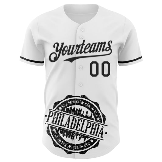 Custom White Black 3D Pattern Design Philadelphia Cityscape Liberty Bell Authentic Baseball Jersey - Sky-Custom