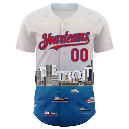 Custom White Fire Red-Blue 3D Pattern Design Detroit Cityscape Skyline Authentic Baseball Jersey - Sky-Custom