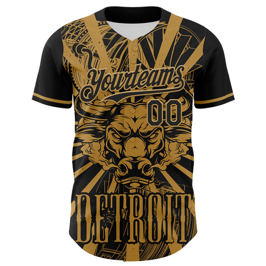Custom Black Old Gold 3D Pattern Design Detroit Cityscape Steampunk Engine Bull Authentic Baseball Jersey - Sky-Custom