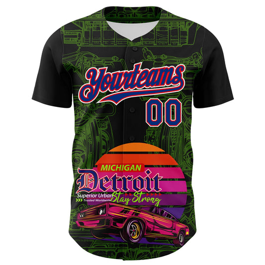 Custom Black Royal Green Fire Red-White 3D Pattern Design Detroit Cityscape Muscle Car Engine Authentic Baseball Jersey - Sky-Custom