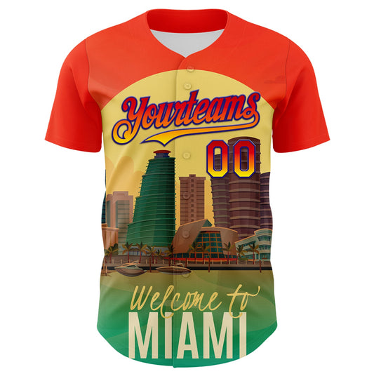 Custom Orange Green Yellow-Dark Purple 3D Pattern Design Gradient Miami Cityscape Sunset Authentic Baseball Jersey - Sky-Custom