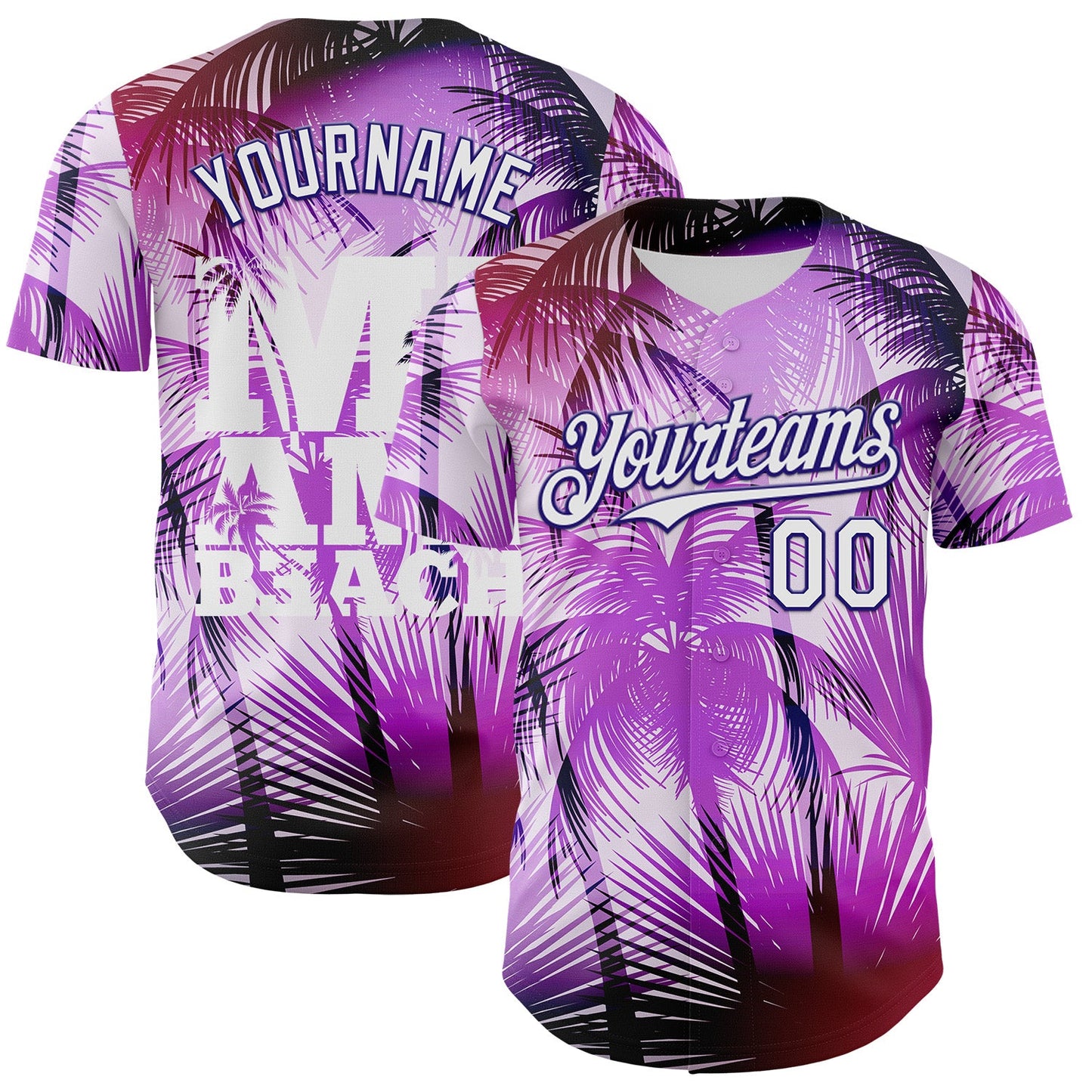 Custom Purple White-Dark Purple 3D Pattern Design Gradient Miami Cityscape Hawaii Tropical Palm Tree Authentic Baseball Jersey - Sky-Custom