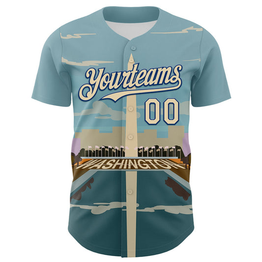 Custom Blue Cream-Royal 3D Pattern Design Washington Cityscape Skyline Authentic Baseball Jersey - Sky-Custom