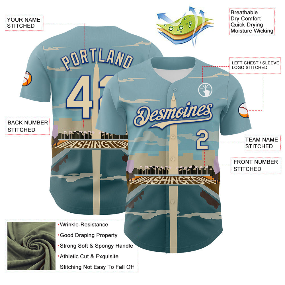 Custom Blue Cream-Royal 3D Pattern Design Washington Cityscape Skyline Authentic Baseball Jersey - Sky-Custom
