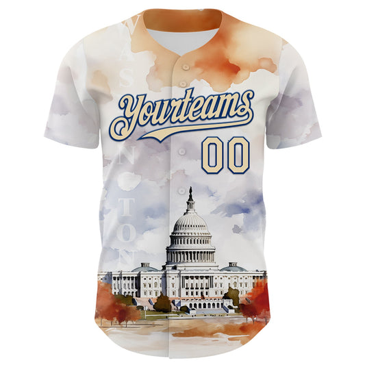 Custom White Cream-Royal 3D Pattern Design Washington Cityscape United States Capitol Authentic Baseball Jersey - Sky-Custom
