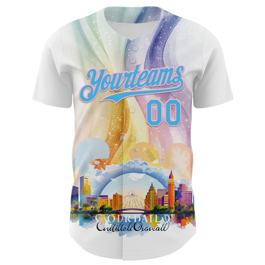 Custom White Sky Blue-Light Pink 3D Pattern Design Orlando Cityscape Skyline Authentic Baseball Jersey - Sky-Custom