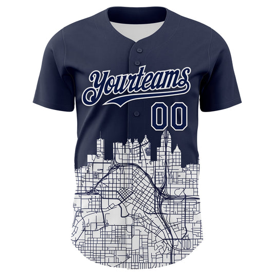 Custom Navy White 3D Pattern Design Atlanta Cityscape Urban Map Authentic Baseball Jersey - Sky-Custom
