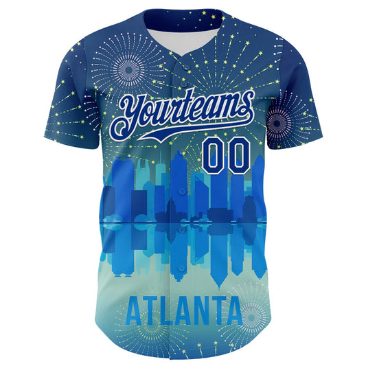 Custom Blue Royal-White 3D Pattern Design Atlanta Cityscape Fireworks Authentic Baseball Jersey - Sky-Custom