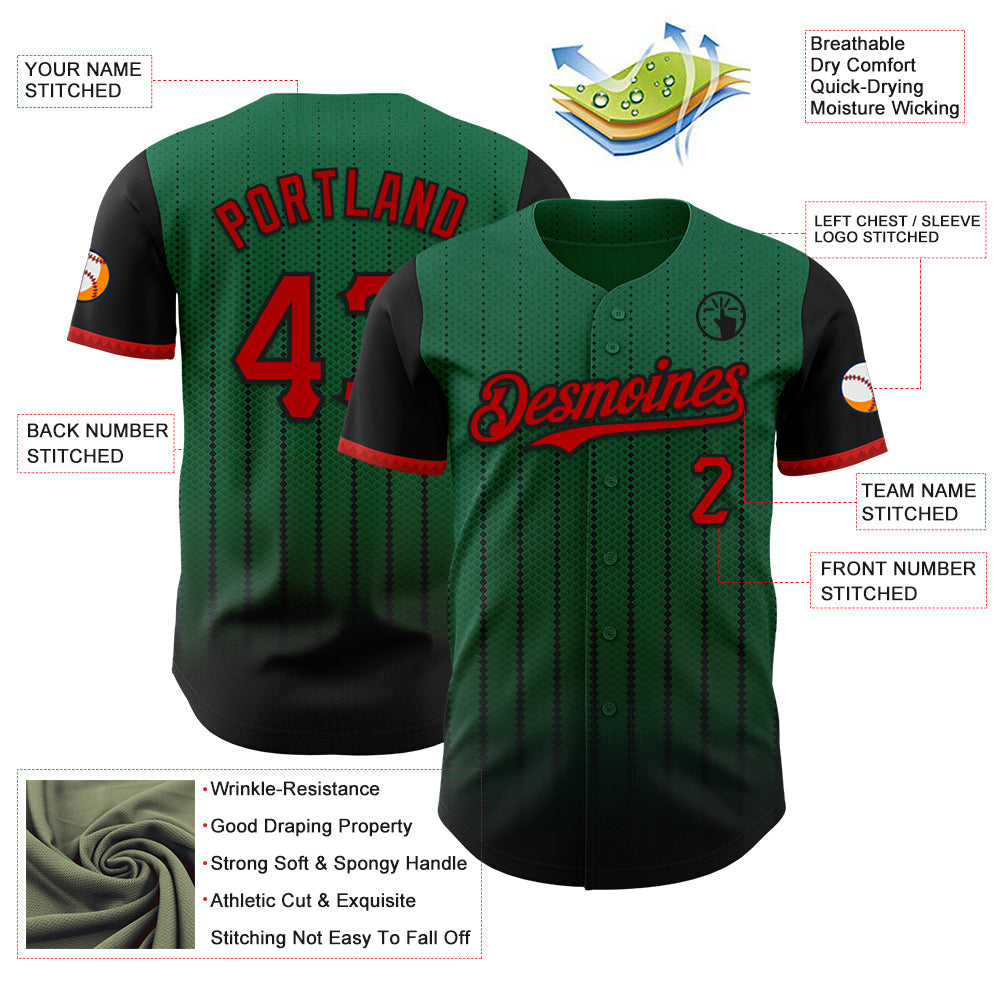 Custom Kelly Green Red-Black 3D Pattern Design Gradient Geometric Shape Authentic Baseball Jersey - Sky-Custom