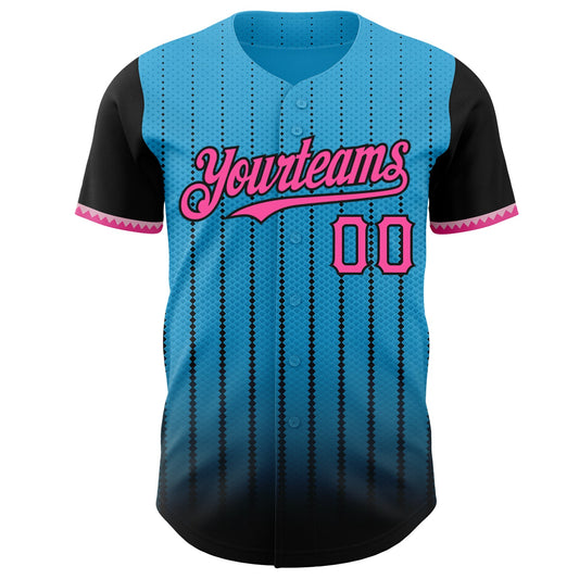 Custom Sky Blue Pink-Black 3D Pattern Design Gradient Geometric Shape Authentic Baseball Jersey - Sky-Custom