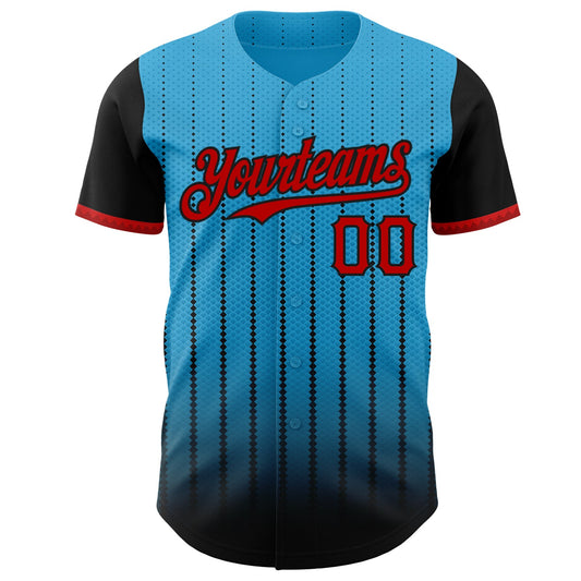 Custom Sky Blue Red-Black 3D Pattern Design Gradient Geometric Shape Authentic Baseball Jersey - Sky-Custom