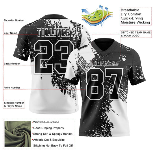 Custom Black White 3D Pattern Abstract Brush Stroke Mesh Authentic Football Jersey - Sky-Custom