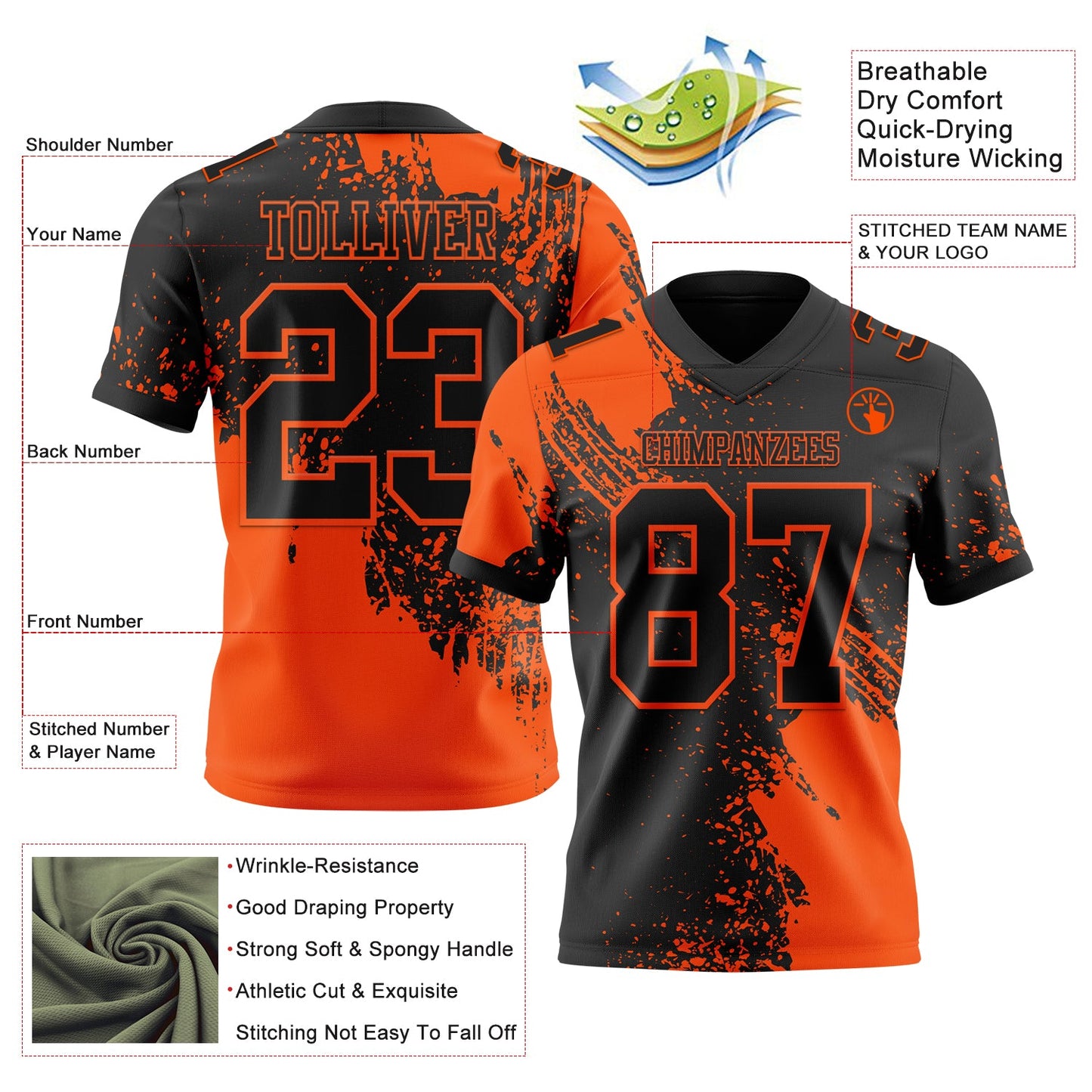 Custom Black Orange 3D Pattern Abstract Brush Stroke Mesh Authentic Football Jersey - Sky-Custom